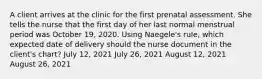 A client arrives at the clinic for the first prenatal assessment. She tells the nurse that the first day of her last normal menstrual period was October 19, 2020. Using Naegele's rule, which expected date of delivery should the nurse document in the client's chart? July 12, 2021 July 26, 2021 August 12, 2021 August 26, 2021