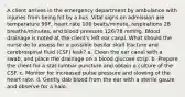 A client arrives in the emergency department by ambulance with injuries from being hit by a bus. Vital signs on admission are temperature 99F, heart rate 100 beats/minute, respirations 28 breaths/minutes, and blood pressure 126/78 mmHg. Blood drainage is noted at the client's left ear canal. What should the nurse do to assess for a possible basilar skull fracture and cerebrospinal fluid (CSF) leak? a. Clean the ear canal with a swab, and place the drainage on a blood glucose strip. b. Prepare the client for a stat lumbar puncture and obtain a culture of the CSF. c. Monitor for increased pulse pressure and slowing of the heart rate. d. Gently dab blood from the ear with a sterile gauze and observe for a halo.