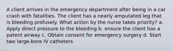 A client arrives in the emergency department after being in a car crash with fatalities. The client has a nearly amputated leg that is bleeding profusely. What action by the nurse takes priority? a. Apply direct pressure to the bleeding b. ensure the client has a patent airway c. Obtain consent for emergency surgery d. Start two large-bore IV catheters