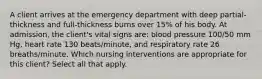 A client arrives at the emergency department with deep partial-thickness and full-thickness burns over 15% of his body. At admission, the client's vital signs are: blood pressure 100/50 mm Hg, heart rate 130 beats/minute, and respiratory rate 26 breaths/minute. Which nursing interventions are appropriate for this client? Select all that apply.