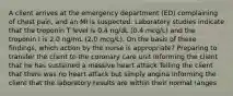 A client arrives at the emergency department (ED) complaining of chest pain, and an MI is suspected. Laboratory studies indicate that the troponin T level is 0.4 ng/dL (0.4 mcg/L) and the troponin I is 2.0 ng/mL (2.0 mcg/L). On the basis of these findings, which action by the nurse is appropriate? Preparing to transfer the client to the coronary care unit Informing the client that he has sustained a massive heart attack Telling the client that there was no heart attack but simply angina Informing the client that the laboratory results are within their normal ranges