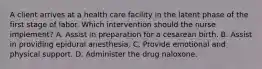 A client arrives at a health care facility in the latent phase of the first stage of labor. Which intervention should the nurse implement? A. Assist in preparation for a cesarean birth. B. Assist in providing epidural anesthesia. C. Provide emotional and physical support. D. Administer the drug naloxone.