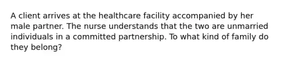 A client arrives at the healthcare facility accompanied by her male partner. The nurse understands that the two are unmarried individuals in a committed partnership. To what kind of family do they belong?