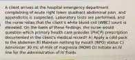 A client arrives at the hospital emergency department complaining of acute right lower quadrant abdominal pain, and appendicitis is suspected. Laboratory tests are performed, and the nurse notes that the client's white blood cell (WBC) count is elevated. On the basis of these findings, the nurse would question which primary health care provider (PHCP) prescription documented in the client's medical record? A) Apply a cold pack to the abdomen B) Maintain nothing by mouth (NPO) status C) Administer 30 mL of milk of magnesia (MOM) D) Initiate an IV line for the administration of IV fluids