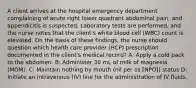 A client arrives at the hospital emergency department complaining of acute right lower quadrant abdominal pain, and appendicitis is suspected. Laboratory tests are performed, and the nurse notes that the client's white blood cell (WBC) count is elevated. On the basis of these findings, the nurse should question which health care provider (HCP) prescription documented in the client's medical record? A: Apply a cold pack to the abdomen. B: Administer 30 mL of milk of magnesia (MOM). C: Maintain nothing by mouth (nil per os [NPO]) status D: Initiate an intravenous (IV) line for the administration of IV fluids.