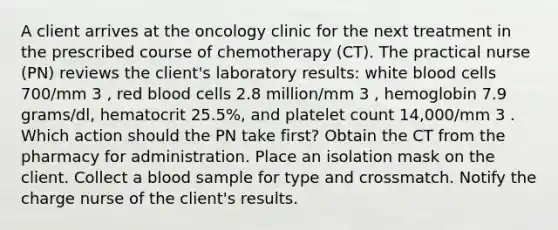 A client arrives at the oncology clinic for the next treatment in the prescribed course of chemotherapy (CT). The practical nurse (PN) reviews the client's laboratory results: white blood cells 700/mm 3 , red blood cells 2.8 million/mm 3 , hemoglobin 7.9 grams/dl, hematocrit 25.5%, and platelet count 14,000/mm 3 . Which action should the PN take first? Obtain the CT from the pharmacy for administration. Place an isolation mask on the client. Collect a blood sample for type and crossmatch. Notify the charge nurse of the client's results.