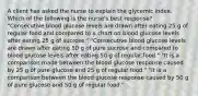 A client has asked the nurse to explain the glycemic index. Which of the following is the nurse's best response? "Consecutive blood glucose levels are drawn after eating 25 g of regular food and compared to a chart on blood glucose levels after eating 25 g of sucrose." "Consecutive blood glucose levels are drawn after eating 50 g of pure sucrose and compared to blood glucose levels after eating 50 g of regular food." "It is a comparison made between the blood glucose response caused by 25 g of pure glucose and 25 g of regular food." "It is a comparison between the blood glucose response caused by 50 g of pure glucose and 50 g of regular food."