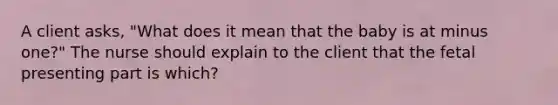 A client asks, "What does it mean that the baby is at minus one?" The nurse should explain to the client that the fetal presenting part is which?