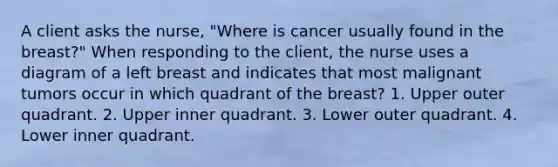 A client asks the nurse, "Where is cancer usually found in the breast?" When responding to the client, the nurse uses a diagram of a left breast and indicates that most malignant tumors occur in which quadrant of the breast? 1. Upper outer quadrant. 2. Upper inner quadrant. 3. Lower outer quadrant. 4. Lower inner quadrant.