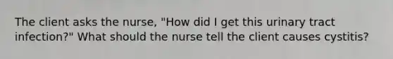 The client asks the nurse, "How did I get this urinary tract infection?" What should the nurse tell the client causes cystitis?