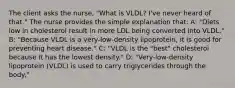 The client asks the nurse, "What is VLDL? I've never heard of that." The nurse provides the simple explanation that: A: "Diets low in cholesterol result in more LDL being converted into VLDL." B: "Because VLDL is a very-low-density lipoprotein, it is good for preventing heart disease." C: "VLDL is the "best" cholesterol because it has the lowest density." D: "Very-low-density lipoprotein (VLDL) is used to carry triglycerides through the body."