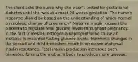 The client asks the nurse why she wasn't tested for gestational diabetes until she was at almost 28 weeks gestation. The nurse's response should be based on the understanding of which normal physiologic change of pregnancy? Maternal insulin crosses the placenta to regulate fetal glucose levels throughout pregnancy. In the first trimester, estrogen and progesterone cause an increase in maternal fasting glucose levels. Hormonal changes in the second and third trimesters result in increased maternal insulin resistance. Fetal insulin production increases each trimester, forcing the mother's body to produce more glucose.