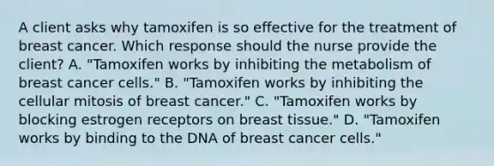 A client asks why tamoxifen is so effective for the treatment of breast cancer. Which response should the nurse provide the​ client? A. ​"Tamoxifen works by inhibiting the metabolism of breast cancer​ cells." B. ​"Tamoxifen works by inhibiting the cellular mitosis of breast​ cancer." C. ​"Tamoxifen works by blocking estrogen receptors on breast​ tissue." D. ​"Tamoxifen works by binding to the DNA of breast cancer​ cells."