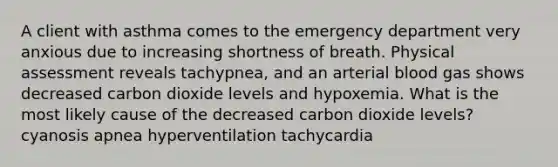 A client with asthma comes to the emergency department very anxious due to increasing shortness of breath. Physical assessment reveals tachypnea, and an arterial blood gas shows decreased carbon dioxide levels and hypoxemia. What is the most likely cause of the decreased carbon dioxide levels? cyanosis apnea hyperventilation tachycardia