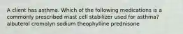 A client has asthma. Which of the following medications is a commonly prescribed mast cell stabilizer used for asthma? albuterol cromolyn sodium theophylline prednisone