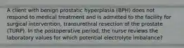 A client with benign prostatic hyperplasia (BPH) does not respond to medical treatment and is admitted to the facility for surgical intervention, transurethral resection of the prostate (TURP). In the postoperative period, the nurse reviews the laboratory values for which potential electrolyte imbalance?