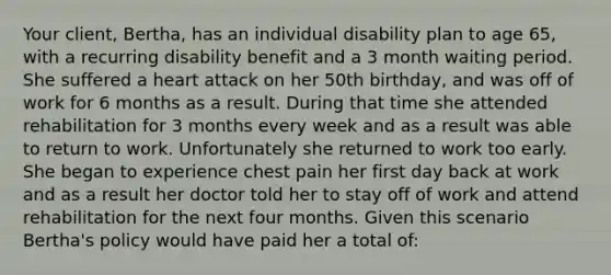 Your client, Bertha, has an individual disability plan to age 65, with a recurring disability benefit and a 3 month waiting period. She suffered a heart attack on her 50th birthday, and was off of work for 6 months as a result. During that time she attended rehabilitation for 3 months every week and as a result was able to return to work. Unfortunately she returned to work too early. She began to experience chest pain her first day back at work and as a result her doctor told her to stay off of work and attend rehabilitation for the next four months. Given this scenario Bertha's policy would have paid her a total of: