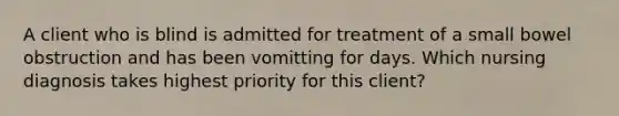 A client who is blind is admitted for treatment of a small bowel obstruction and has been vomitting for days. Which nursing diagnosis takes highest priority for this client?