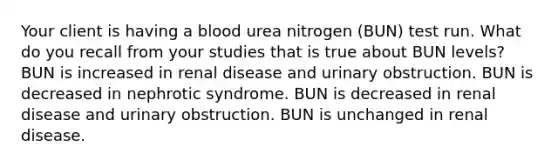 Your client is having a blood urea nitrogen (BUN) test run. What do you recall from your studies that is true about BUN levels? BUN is increased in renal disease and urinary obstruction. BUN is decreased in nephrotic syndrome. BUN is decreased in renal disease and urinary obstruction. BUN is unchanged in renal disease.