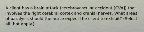 A client has a brain attack (cerebrovascular accident [CVA]) that involves the right cerebral cortex and cranial nerves. What areas of paralysis should the nurse expect the client to exhibit? (Select all that apply.)