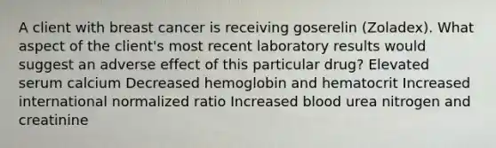 A client with breast cancer is receiving goserelin (Zoladex). What aspect of the client's most recent laboratory results would suggest an adverse effect of this particular drug? Elevated serum calcium Decreased hemoglobin and hematocrit Increased international normalized ratio Increased blood urea nitrogen and creatinine