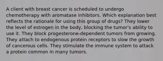 A client with breast cancer is scheduled to undergo chemotherapy with aromatase inhibitors. Which explanation best reflects the rationale for using this group of drugs? They lower the level of estrogen in the body, blocking the tumor's ability to use it. They block progesterone-dependent tumors from growing. They attach to endogenous protein receptors to slow the growth of cancerous cells. They stimulate the immune system to attack a protein common in many tumors.