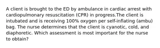 A client is brought to the ED by ambulance in cardiac arrest with cardiopulmonary resuscitation (CPR) in progress.The client is intubated and is receiving 100% oxygen per self-inflating (ambu) bag. The nurse determines that the client is cyanotic, cold, and diaphoretic. Which assessment is most important for the nurse to obtain?