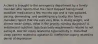 A client is brought to the emergency department by a family member who reports that the client stopped taking mood stabilizer medication a few months ago and is now agitated, pacing, demanding, and speaking very loudly. Her family members report that she eats very little, is losing weight, and almost never sleeps. What is the priority nursing diagnosis? A. Imbalanced nutrition: less than body requirements related to not eating B. Risk for injury related to hyperactivity C. Disturbed sleep pattern related to agitation D. Ineffective coping related to denial of depression