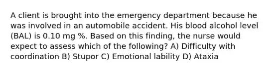 A client is brought into the emergency department because he was involved in an automobile accident. His blood alcohol level (BAL) is 0.10 mg %. Based on this finding, the nurse would expect to assess which of the following? A) Difficulty with coordination B) Stupor C) Emotional lability D) Ataxia