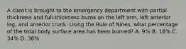 A client is brought to the emergency department with partial-thickness and full-thickness burns on the left arm, left anterior leg, and anterior trunk. Using the Rule of Nines, what percentage of the total body surface area has been burned? A. 9% B. 18% C. 34% D. 36%