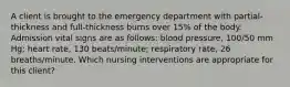 A client is brought to the emergency department with partial-thickness and full-thickness burns over 15% of the body. Admission vital signs are as follows: blood pressure, 100/50 mm Hg; heart rate, 130 beats/minute; respiratory rate, 26 breaths/minute. Which nursing interventions are appropriate for this client?