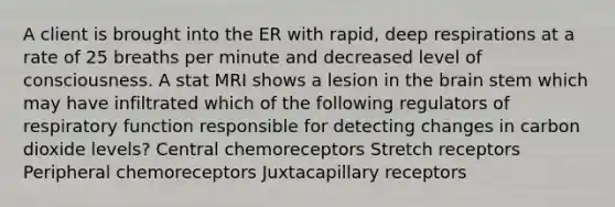 A client is brought into the ER with rapid, deep respirations at a rate of 25 breaths per minute and decreased level of consciousness. A stat MRI shows a lesion in the brain stem which may have infiltrated which of the following regulators of respiratory function responsible for detecting changes in carbon dioxide levels? Central chemoreceptors Stretch receptors Peripheral chemoreceptors Juxtacapillary receptors