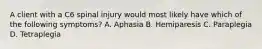 A client with a C6 spinal injury would most likely have which of the following symptoms? A. Aphasia B. Hemiparesis C. Paraplegia D. Tetraplegia