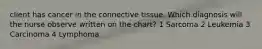client has cancer in the connective tissue. Which diagnosis will the nurse observe written on the chart? 1 Sarcoma 2 Leukemia 3 Carcinoma 4 Lymphoma