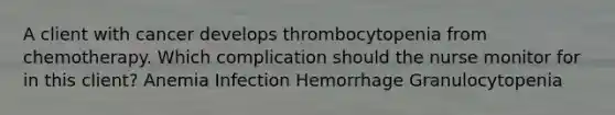 A client with cancer develops thrombocytopenia from chemotherapy. Which complication should the nurse monitor for in this client? Anemia Infection Hemorrhage Granulocytopenia