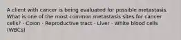 A client with cancer is being evaluated for possible metastasis. What is one of the most common metastasis sites for cancer cells? · Colon · Reproductive tract · Liver · White blood cells (WBCs)