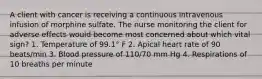 A client with cancer is receiving a continuous intravenous infusion of morphine sulfate. The nurse monitoring the client for adverse effects would become most concerned about which vital sign? 1. Temperature of 99.1° F 2. Apical heart rate of 90 beats/min 3. Blood pressure of 110/70 mm Hg 4. Respirations of 10 breaths per minute