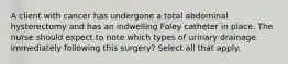 A client with cancer has undergone a total abdominal hysterectomy and has an indwelling Foley catheter in place. The nurse should expect to note which types of urinary drainage immediately following this surgery? Select all that apply.