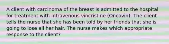 A client with carcinoma of the breast is admitted to the hospital for treatment with intravenous vincristine (Oncovin). The client tells the nurse that she has been told by her friends that she is going to lose all her hair. The nurse makes which appropriate response to the client?