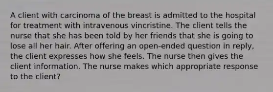 A client with carcinoma of the breast is admitted to the hospital for treatment with intravenous vincristine. The client tells the nurse that she has been told by her friends that she is going to lose all her hair. After offering an open-ended question in reply, the client expresses how she feels. The nurse then gives the client information. The nurse makes which appropriate response to the client?