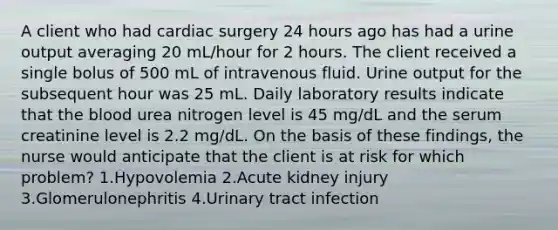 A client who had cardiac surgery 24 hours ago has had a urine output averaging 20 mL/hour for 2 hours. The client received a single bolus of 500 mL of intravenous fluid. Urine output for the subsequent hour was 25 mL. Daily laboratory results indicate that the blood urea nitrogen level is 45 mg/dL and the serum creatinine level is 2.2 mg/dL. On the basis of these findings, the nurse would anticipate that the client is at risk for which problem? 1.Hypovolemia 2.Acute kidney injury 3.Glomerulonephritis 4.Urinary tract infection