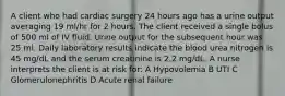 A client who had cardiac surgery 24 hours ago has a urine output averaging 19 ml/hr for 2 hours. The client received a single bolus of 500 ml of IV fluid. Urine output for the subsequent hour was 25 ml. Daily laboratory results indicate the blood urea nitrogen is 45 mg/dL and the serum creatinine is 2.2 mg/dL. A nurse interprets the client is at risk for: A Hypovolemia B UTI C Glomerulonephritis D Acute renal failure