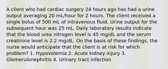 A client who had cardiac surgery 24 hours ago has had a urine output averaging 20 mL/hour for 2 hours. The client received a single bolus of 500 mL of intravenous fluid. Urine output for the subsequent hour was 25 mL. Daily laboratory results indicate that the blood urea nitrogen level is 45 mg/dL and the serum creatinine level is 2.2 mg/dL. On the basis of these findings, the nurse would anticipate that the client is at risk for which problem? 1. Hypovolemia 2. Acute kidney injury 3. Glomerulonephritis 4. Urinary tract infection