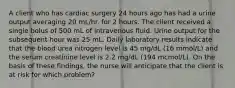 A client who has cardiac surgery 24 hours ago has had a urine output averaging 20 mL/hr. for 2 hours. The client received a single bolus of 500 mL of intravenous fluid. Urine output for the subsequent hour was 25 mL. Daily laboratory results indicate that the blood urea nitrogen level is 45 mg/dL (16 mmol/L) and the serum creatinine level is 2.2 mg/dL (194 mcmol/L). On the basis of these findings, the nurse will anticipate that the client is at risk for which problem?