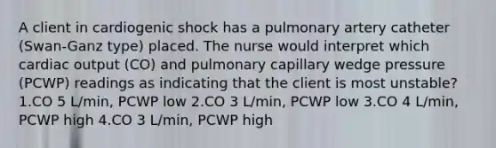 A client in cardiogenic shock has a pulmonary artery catheter (Swan-Ganz type) placed. The nurse would interpret which cardiac output (CO) and pulmonary capillary wedge pressure (PCWP) readings as indicating that the client is most unstable? 1.CO 5 L/min, PCWP low 2.CO 3 L/min, PCWP low 3.CO 4 L/min, PCWP high 4.CO 3 L/min, PCWP high