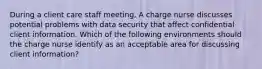 During a client care staff meeting, A charge nurse discusses potential problems with data security that affect confidential client information. Which of the following environments should the charge nurse identify as an acceptable area for discussing client information?