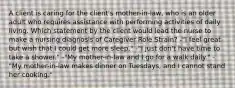 A client is caring for the client's mother-in-law, who is an older adult who requires assistance with performing activities of daily living. Which statement by the client would lead the nurse to make a nursing diagnosis of Caregiver Role Strain? -"I feel great but wish that I could get more sleep." -"I just don't have time to take a shower." -"My mother-in-law and I go for a walk daily." -"My mother-in-law makes dinner on Tuesdays, and I cannot stand her cooking."