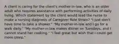 A client is caring for the client's mother-in-law, who is an older adult who requires assistance with performing activities of daily living. Which statement by the client would lead the nurse to make a nursing diagnosis of Caregiver Role Strain? "I just don't have time to take a shower." "My mother-in-law and I go for a walk daily." "My mother-in-law makes dinner on Tuesdays, and I cannot stand her cooking." "I feel great but wish that I could get more sleep."