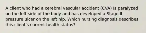 A client who had a cerebral vascular accident (CVA) Is paralyzed on the left side of the body and has developed a Stage II pressure ulcer on the left hip. Which nursing diagnosis describes this client's current health status?