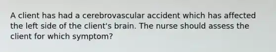 A client has had a cerebrovascular accident which has affected the left side of the client's brain. The nurse should assess the client for which symptom?